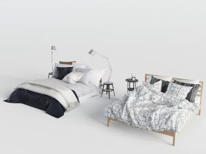 北欧实木双人床、床头凳和床头灯