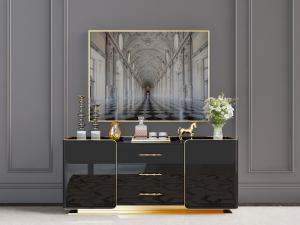 现代简欧黑色高反射柜门的装饰柜、挂画和饰品摆件模