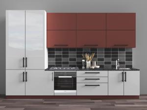 现代厨房白色和红色整体橱柜、吊柜组合