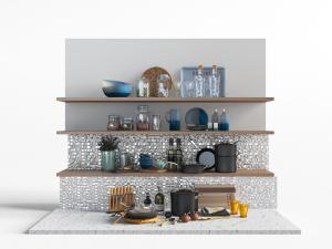 隔板上的刀叉、锅碗和收纳罐厨具组合