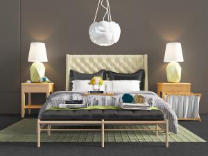 现代北欧菱形软包床头的双人床、床头柜