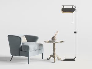 简欧灰蓝色低靠背单人沙发、茶几和落地灯3d模型 简欧灰蓝色低靠背单人沙发、茶几和落地灯