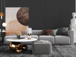 现代灰色带有美人榻的多人沙发、圆形茶几和方形坐墩