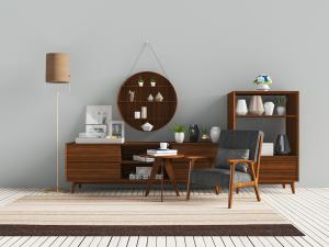 北欧实木长方形装饰柜、休闲椅和边柜组合