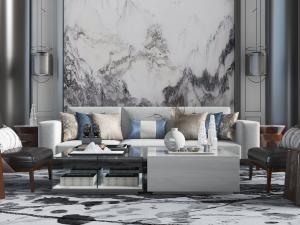 新中式浅灰色布艺多人沙发、休闲椅和茶几