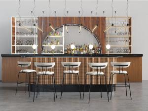 工业风实木咖啡厅吧台、吧椅组合