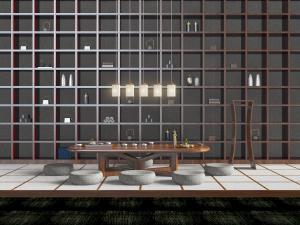 中式实木茶桌茶具、坐垫