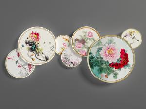 中式牡丹花圆形墙面挂件、装饰挂画