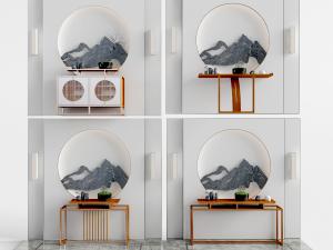 中式玄关带山水背景墙的端景台3d模型 中式玄关带山水背景墙的端景台
