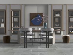 新中式书房茶桌、书柜组合