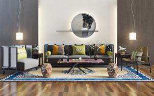 新中式多人沙发、单人沙发和休闲椅组合