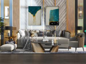 现代轻奢多人沙发、单人沙发和沙发凳茶几组合