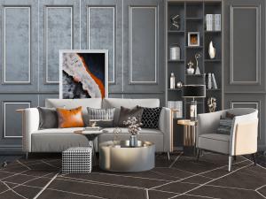 现代新中式多人沙发、单人沙发和茶几组合