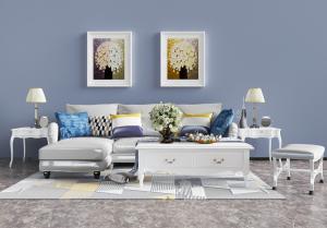 欧式白色多人转角沙发、茶几和沙发凳组合