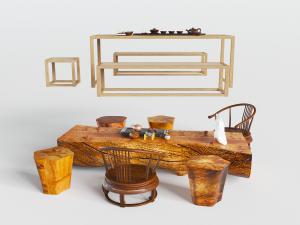 中式实木桩茶桌茶具、树根凳子