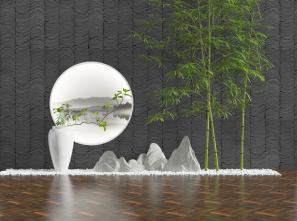 中式庭院竹子、假山和背景墙园林景观