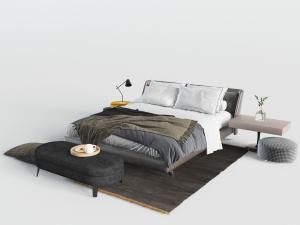 现代北欧布艺皮革混搭床头的双人床