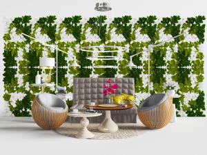 北欧阳台休闲区多人沙发、单人沙发和植物墙