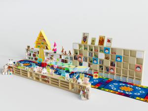 儿童活动区实木收纳柜、地毯和玩具