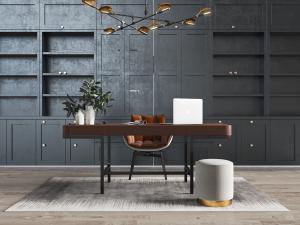 新中式现代暗红色书桌椅组合、书柜背景墙3d模型 新中式现代暗红色书桌椅组合、书柜背景墙