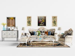 欧式古典雕花多人沙发、单人沙发、边柜和装饰画