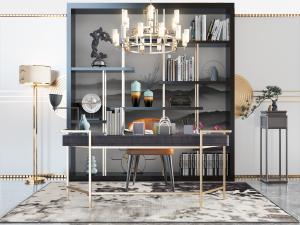 新中式轻奢书桌椅组合、书柜3d模型 新中式轻奢书桌椅组合、书柜