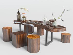 中式原始纹理实木茶盘茶具和坐墩组合