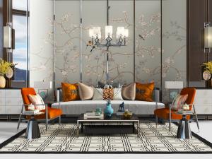 新中式多人沙发、休闲椅和花鸟图案的沙发背景墙