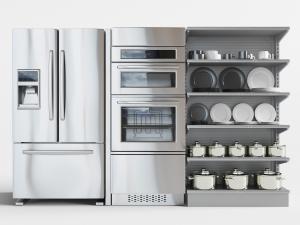 银色不锈钢电冰箱、烤箱和餐具收纳架厨房电器