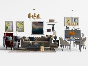 简欧软包靠背多人沙发、单人沙发和餐桌椅组合