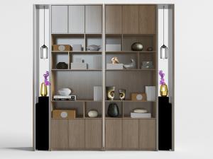 新中式带景观装饰的对称实木装饰柜