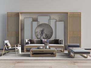 新中式多人沙发、沙发凳和休闲椅组合