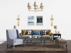 简欧多人沙发、单人沙发和沙发凳组合