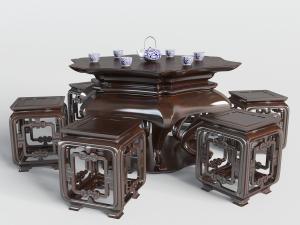 中式古典不规则多边形实木茶桌和方形雕花凳子