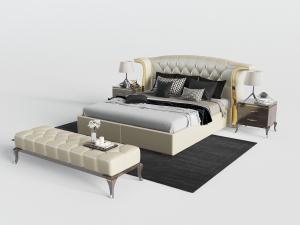 欧式带弯角的菱形软包靠背双人床、床尾凳