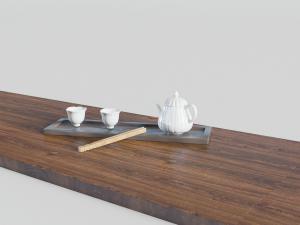 白色陶瓷茶壶、茶杯和长方形茶盘