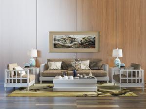 新中式白色实木框架多人沙发、单人沙发和茶几组合模