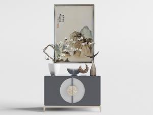 新中式玄关柜、饰品摆件组合3d模型 新中式玄关柜、饰品摆件组合