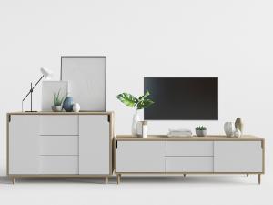 北欧白色和实木拼接装饰柜、电视柜