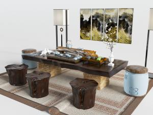 新中式深实木原木茶桌、茶具和实木凳子