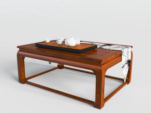 中式实木床桌、茶几和茶具