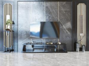 新中式黑色电视柜和电视背景墙