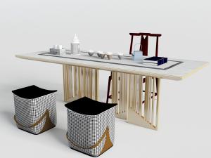 中式长方形茶桌、坐墩