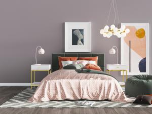 现代墨绿色软包床头双人床、床头柜和懒人沙发