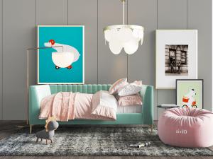 现代轻奢儿童床、懒人沙发和装饰画