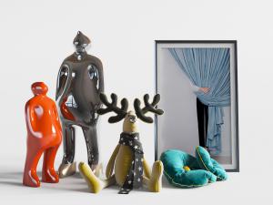 现代陶瓷人物雕塑、麋鹿布绒玩具和坐垫