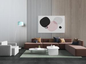 现代块状转角沙发、方格布纹单人沙发组合