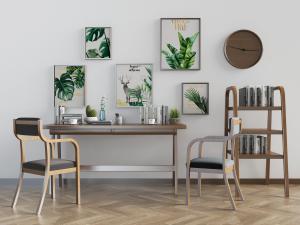 北欧实木书桌椅组合、装饰画和书架3d模型 北欧实木书桌椅组合、装饰画和书架