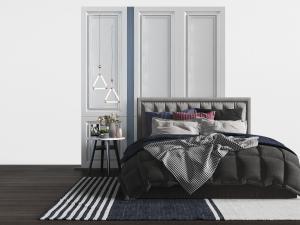 北欧灰色布艺双人床、床头边几和吊灯