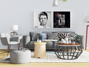 现代灰色沙发组合、金属镂空茶几和圆形坐墩